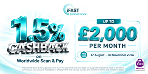 iFAST Global Bank Offers 1.5% Cashback on up to £2,000 Spending Every Month with Worldwide Scan & Pay