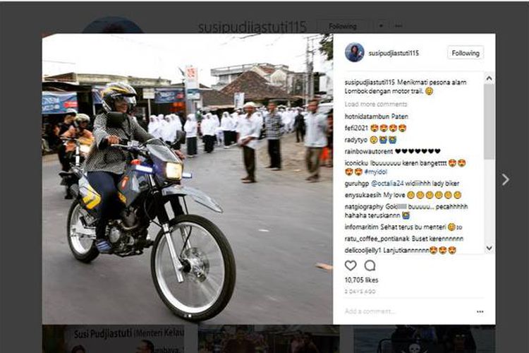 Gaya Menteri Susi Jajal Motor Trail di Jalanan Lombok