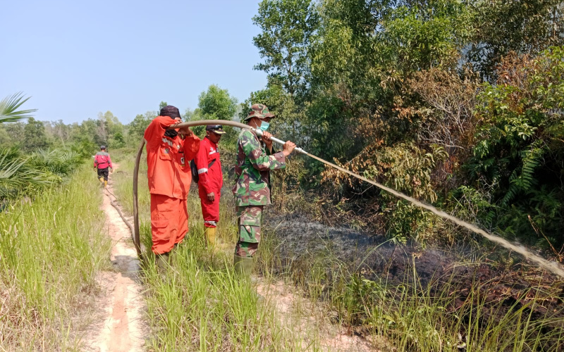 Panas Ekstrim, Babinsa Tanjung Palas Lakukan Pemadaman Karhutla