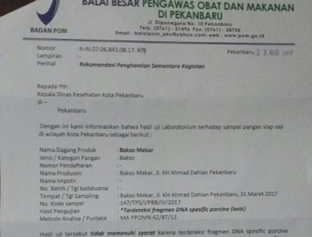 Usaha Bakso Mekar di Pekanbaru Positif Mengandung Babi