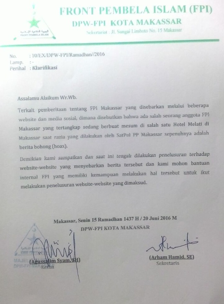 Info Penting : Klarifikasi Pemberitaan FPI Makassar